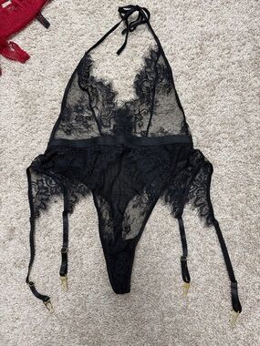 Black Lace Halter Teddy with Garter Straps